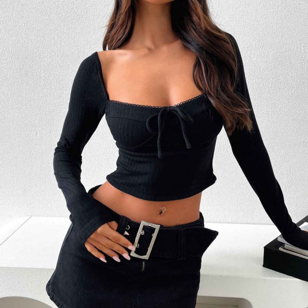 Back Square Neck Long Sleeve Ribbed Top With Bow Size 4